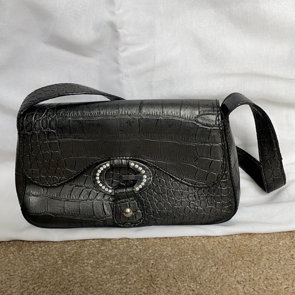 Black and silver faux leather guess bag